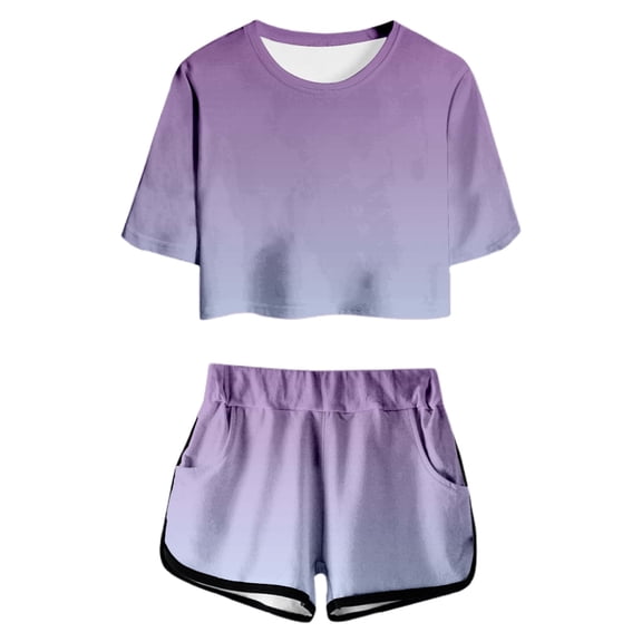 Byoo Little Girl Gradient Outfit Set Short Sleeve Crop Top Pocket Shorts Cloth Set Trendy Daily Two Piece Kids Sets