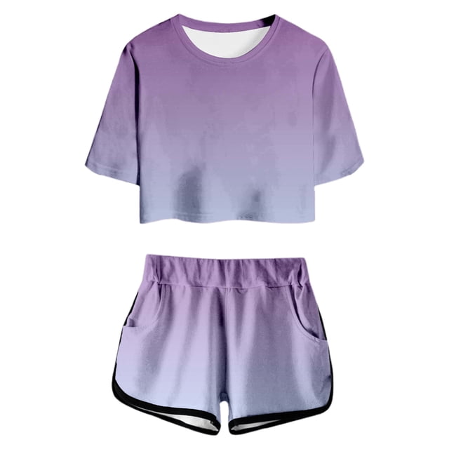 Ensemble d'Été pour Filles Haut à Manches Courtes Imprimé et Shorts Mignon Col Rond Poche Tenue Décontractée pour Adolescents et Juniors Léger et Confortable
