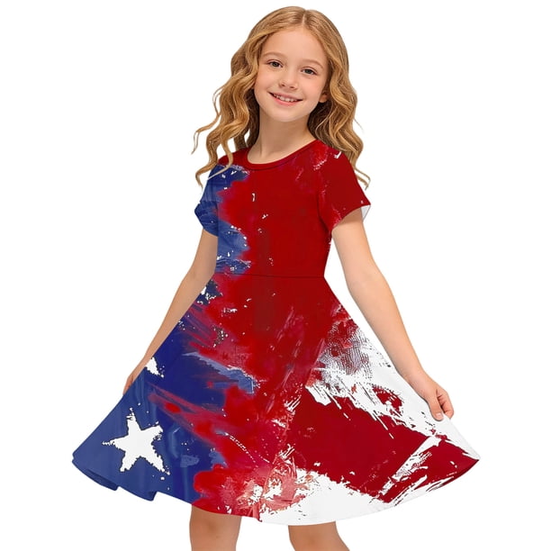 Odeerbi Niñas Día de La Independencia Vestido de Línea A Verano Patriótico Cuello Redondo Manga Corta Vestido Casual