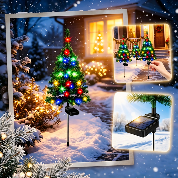 Solar Christmas Tree Stake Lights, Waterproof Outdoor Winter Holiday Decor, Solar Powered LED Xmas Tree Patio Lights for Lawn Porch Garden Yard (1Pcs)