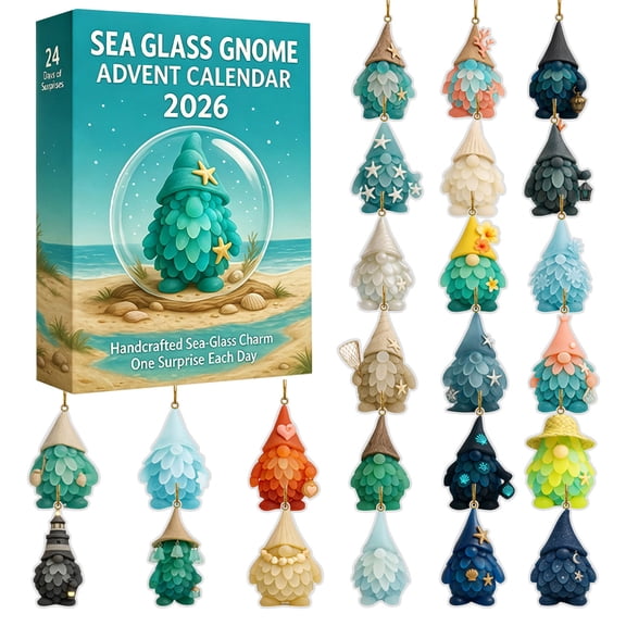 Sea Glass Gnome Christmas Advent Calendar 2026-24-Day Christmas Countdown Ornaments | 24-day gnome countdown calendar with sea glass-style ornaments for Christmas trees, windows