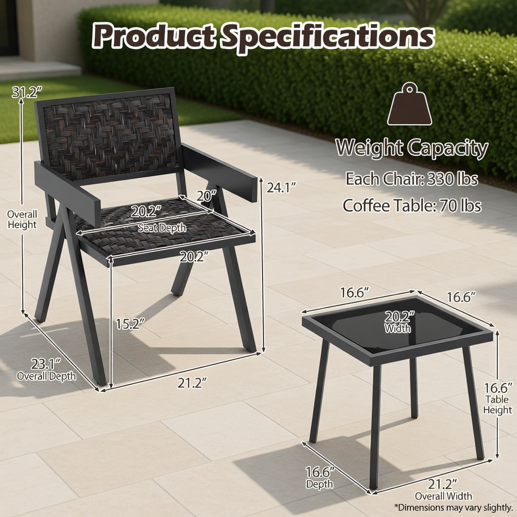 Hommoo 3-Piece Outdoor PE Wicker Bistro Set, 2 Armchairs + Coffee Table with Quick-Dry Foam Cushions, Fade-Resistant Brown Wicker & Tempered Glass Top, Brown