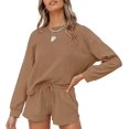 thumbnail image 1 of Haut à Manches Longues et Shorts en Tricot Gaufré pour Femmes Ensemble de Pyjama de Détente avec Poches, 1 of 5