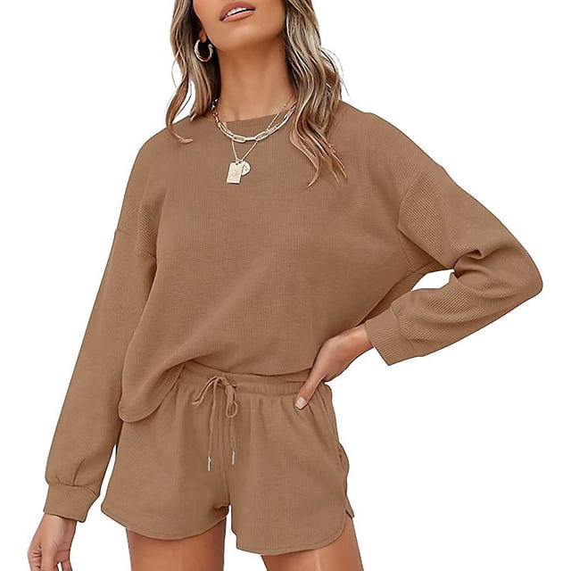 Haut à Manches Longues et Shorts en Tricot Gaufré pour Femmes Ensemble de Pyjama de Détente avec Poches