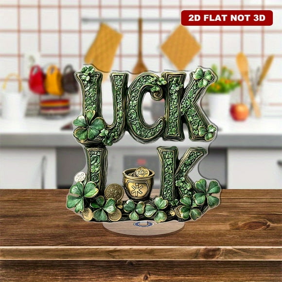 Rotating acrylic display featuring the word LUCK adorned with shamrocks, leprechaun hats, and a pot of gold showcasing intricate details and vibrant colors