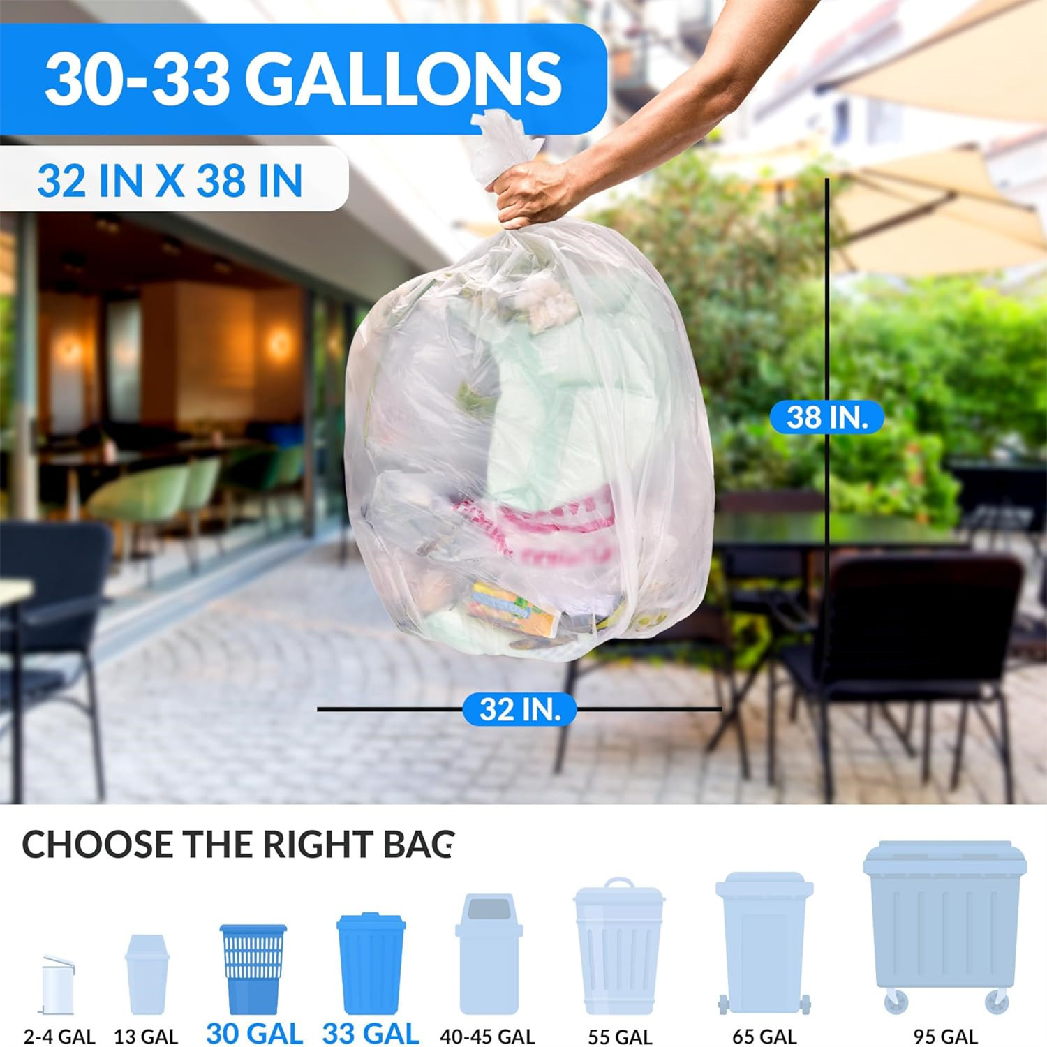 30-33 Gallon Trash Bags Heavy Duty | 250 Count Bulk | Clear Large Trash Bags 30+, 32 Gallon