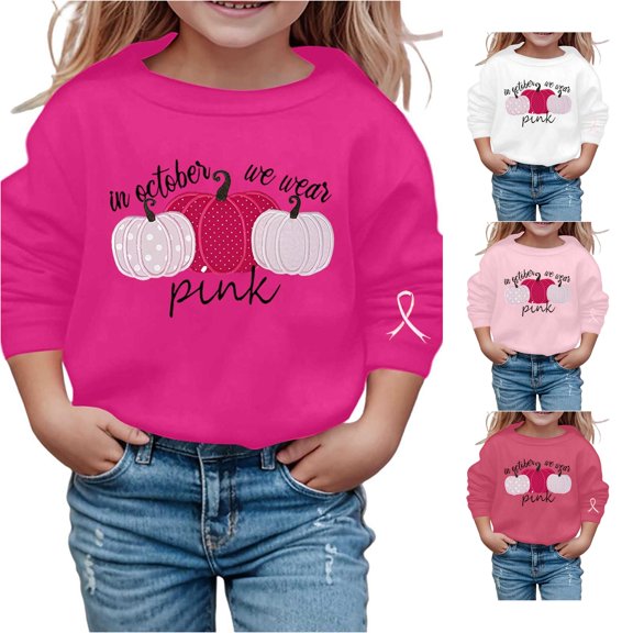 CUZIBR Little Girls Halloween Crewneck Sweatshirt Pumpkin Letter Graphic Pullover Long Sleeve Soft Outdoor Tops,Hot Pink,2-3 Years