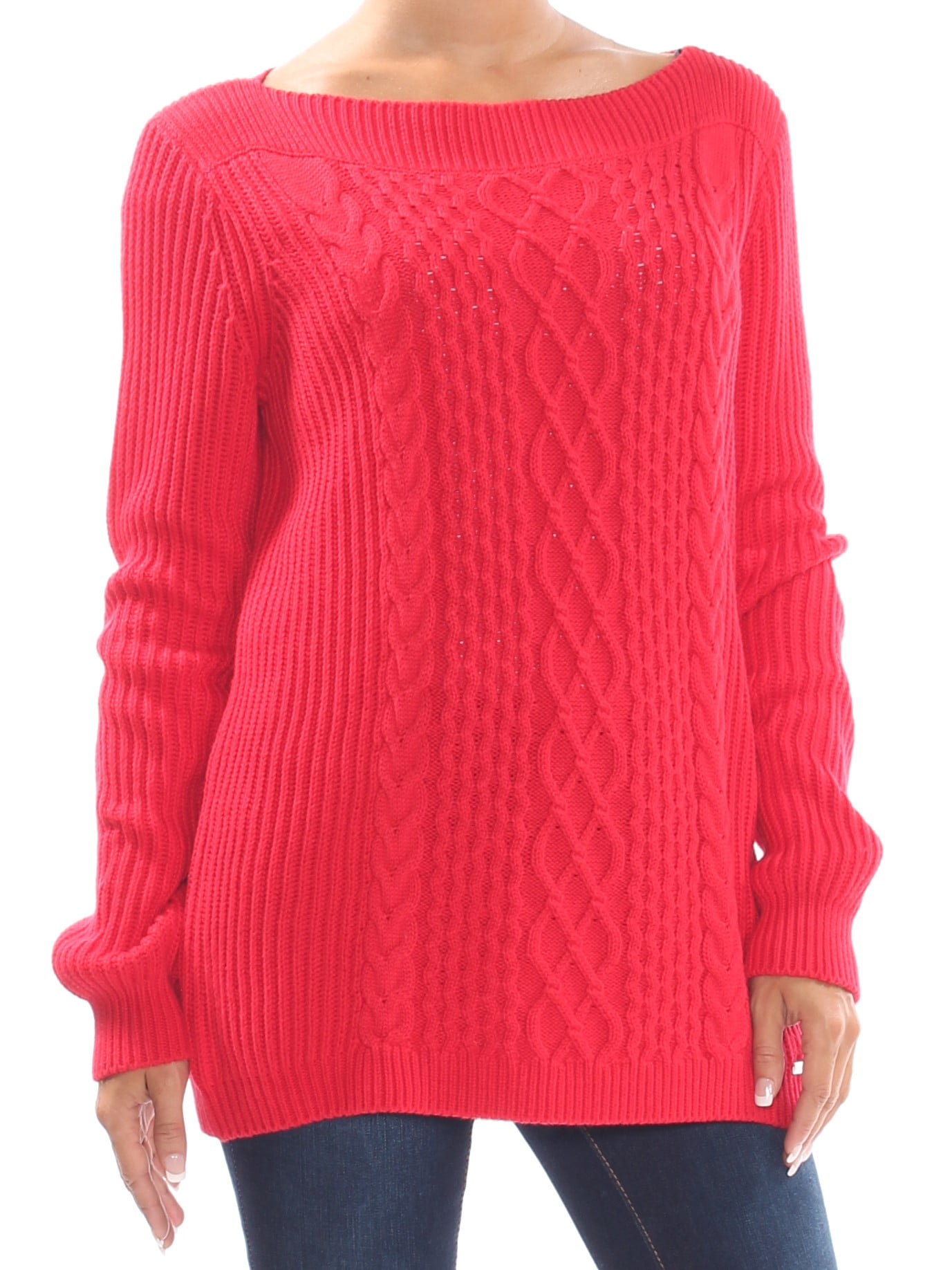 TOMMY HILFIGER Womens Red Cable-knit Long Sleeve Boat Neck Sweater Size: S -