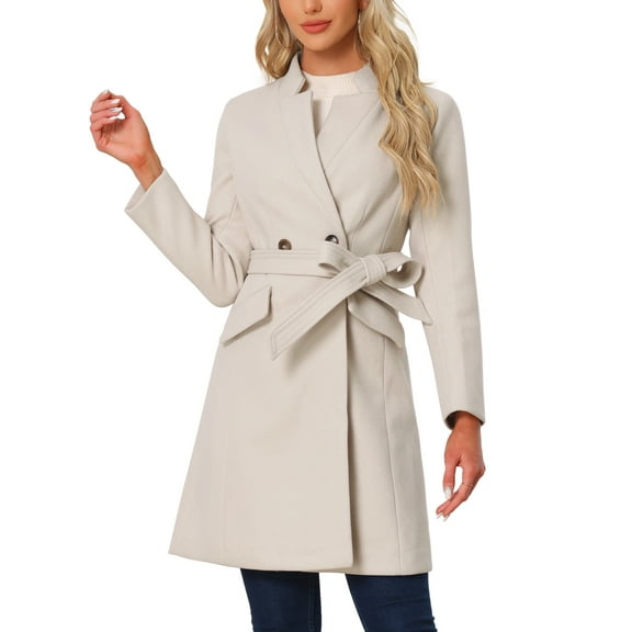 INSPIRE CHIC Women Vintage Belted Coat for Women's Stand Collar Winter Outwear Coats M Beige