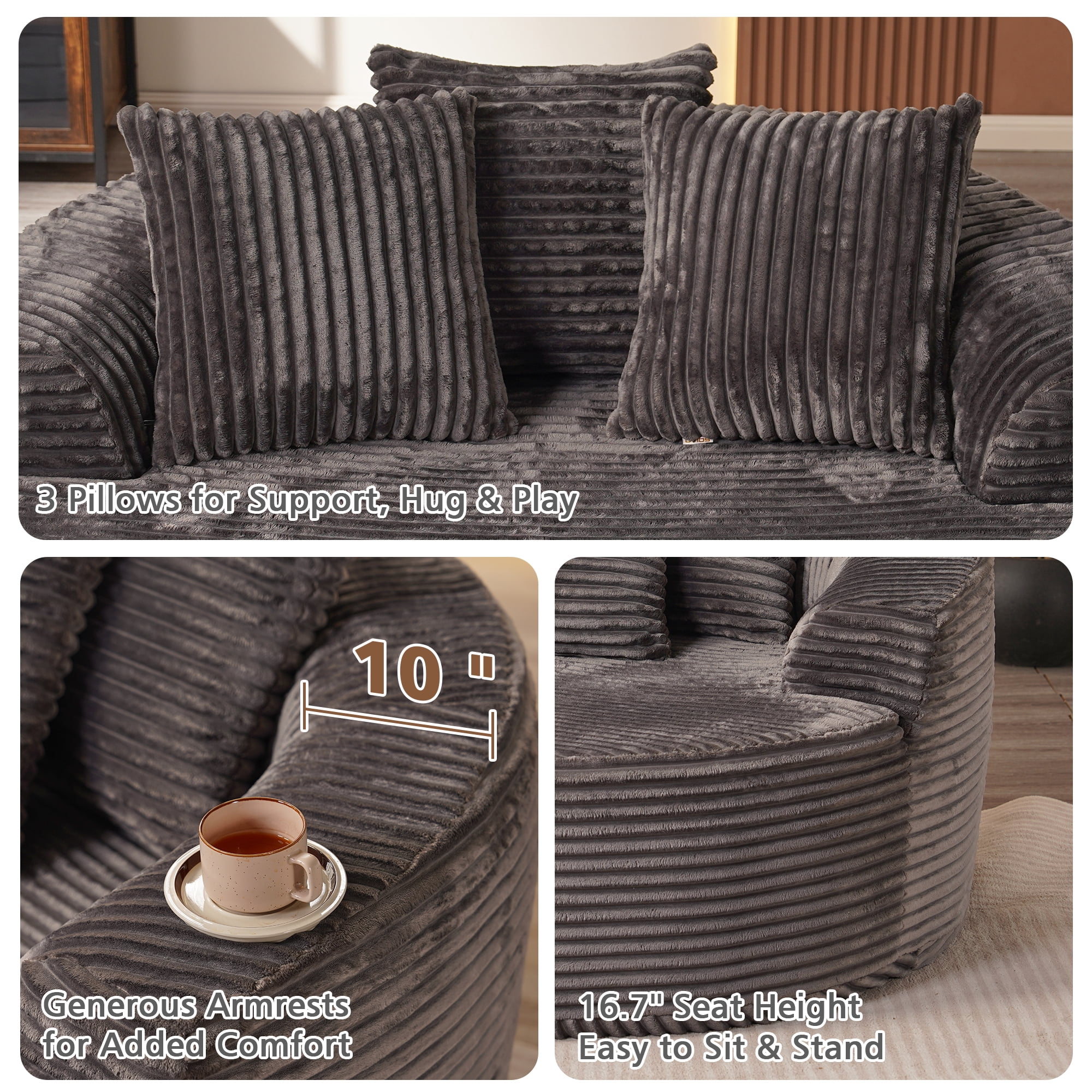 Ovios 58" Oversized Lounge Chair Round Cloud Deep Seat Accent Chair Plush Corduroy Boneless Sofa Chair for Living Room, Gray