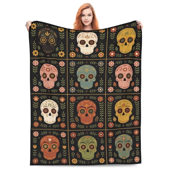 Sugar Skull Throw Blanket, Halloween Flannel Blanket for Couch, Soft Cozy Warm Blanket for Home 50x40
