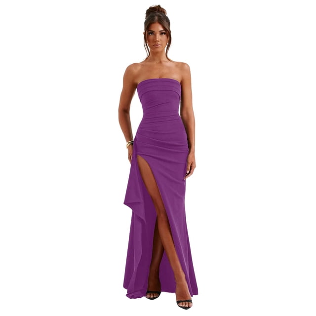 Vestido de fiesta GDJDIFK, sin tirantes, chifón fruncido, sirena, morado claro