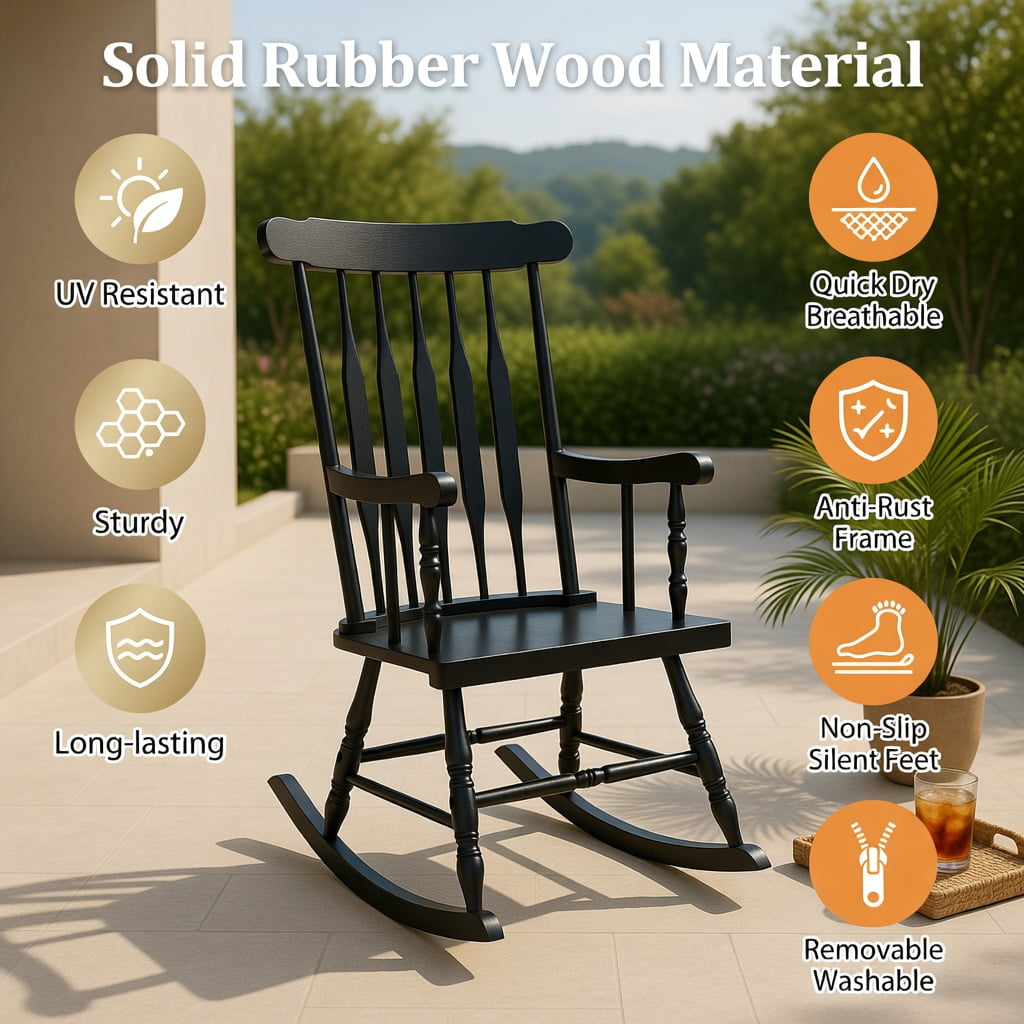 Hommoo Outdoor Rocking Chair, Solid Rubber Wood Patio Rocker with Slatted Backrest, Ergonomic Curved Armrests & High Back Support, Black
