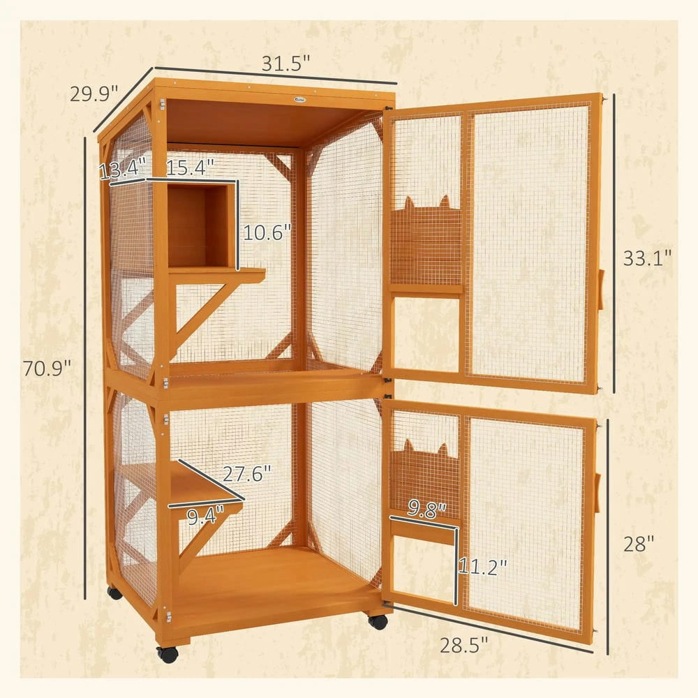 Topcobe Large Cat House for 1-3 Cats on Wheels Wooden Catio Enclosure, Outside Pet Shelter, Small Animal Habitat, Orange