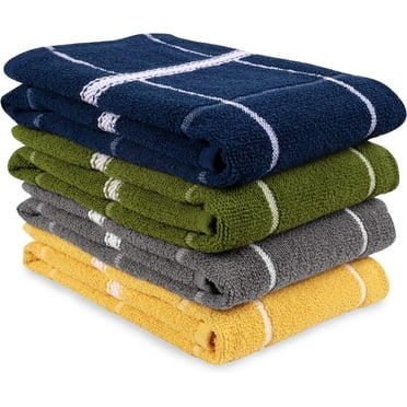MALLOWEX Terry Kitchen Towels Set of 4 Solid Checks | Dish Towels 16 x 26 Inches | Super Soft and Absorbent |100% Cotton Dish Rags for Drying Dishes | Quick Drying | Assort