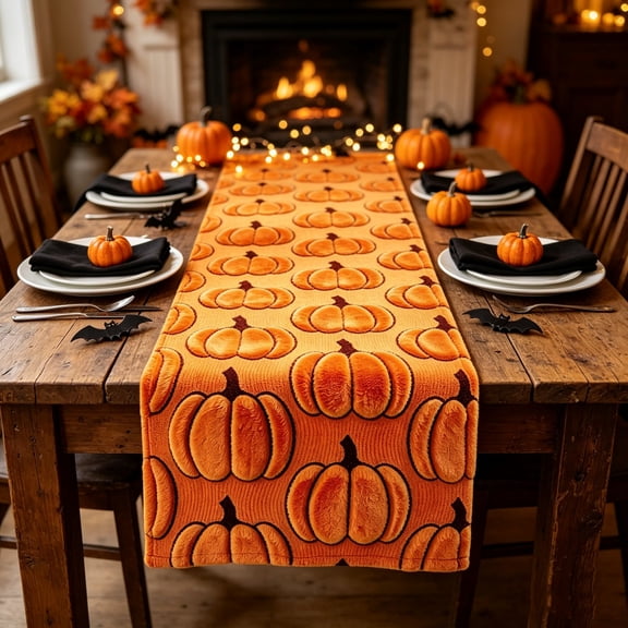 Halloween Orange Pumpkin Pattern Plush Fabric Table Runner, Long Table Cover Cloth, Fall Interior Arrangement Ornament, Dining Decor