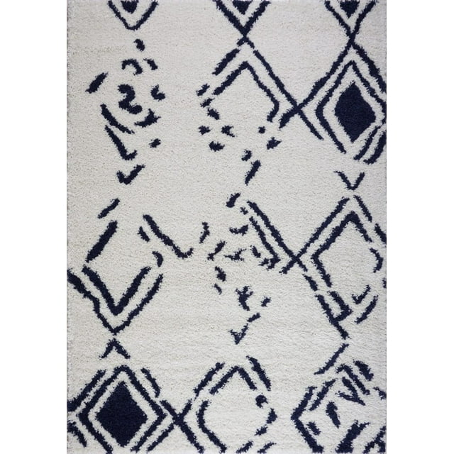 Ladole Rugs Shaggy Kenitra European Abstract Soft Polypropylene Modern Big Runner Rug in White Dark Blue 2'7" x 9'10"