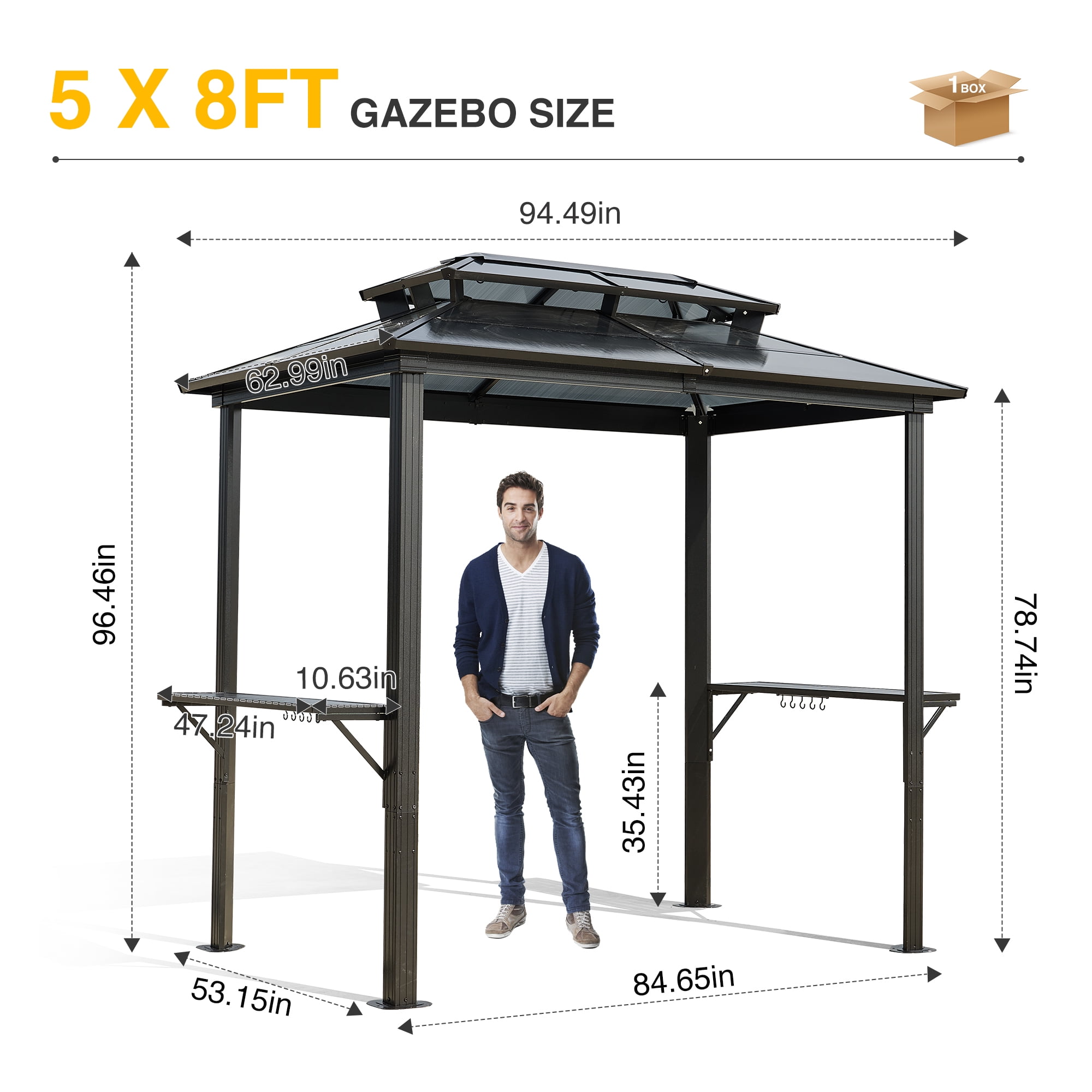 8x8 FT Outdoor Hardtop Grill Canopy, Polycarbonate Top BBQ Shelter Tent with Storage Hooks for Lawn Garden, Grey