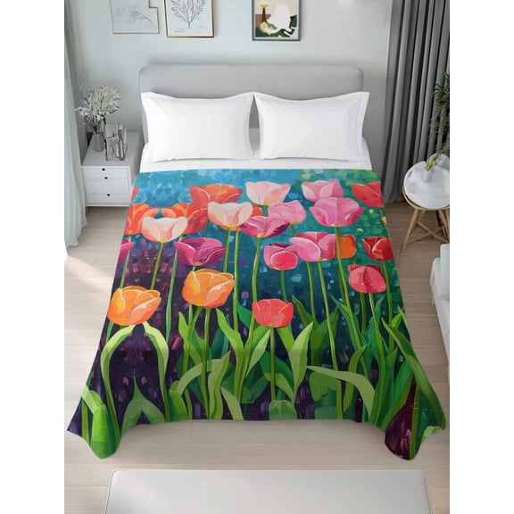 Colorful Spring Floral California King Size Flat Sheet, Wrinkleproof & Fadeproof Cooling Flat Bed Sheet Only, Summer Botanical Oil Painting Breathable Soft Bedding Top Sheets 108 x 98 Inches