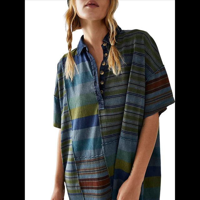 Vestido Estilo Babydoll de Rayas en Contraste para Mujer, Estilo Y2K, con Retazos de Verano, Estilo Vintage, Cuello en V y Corta. Verde Oscuro L