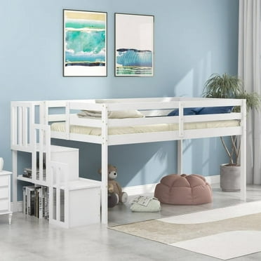 JINS & VICO Multifunctional Low Loft Bed Frame with Storage, Staircase & Full-length Safety Guardrails, Twin size Loft Bed Frame, No Box Spring Needed, White