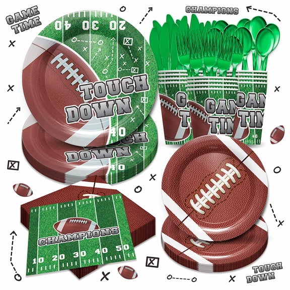 168pcs Football Theme Party Supplies Kit (24 Guests), Game Day Disposable Tableware Set, Tailgate Sports Party Decorations, Football Plates, Cups, Napkins, Knives, Forks for Game Day Decorations