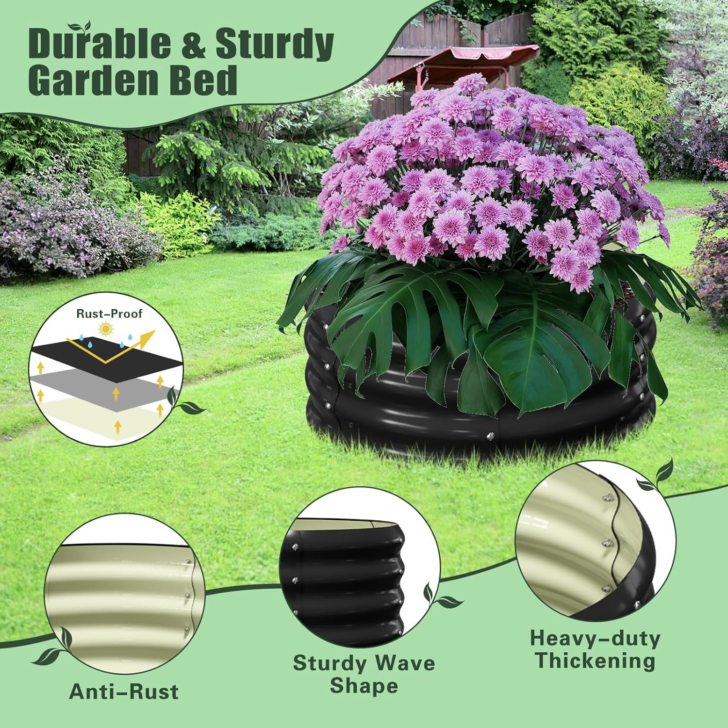 3 Pcs 24x24x12in Round Galvanized Raised Garden Bed Kit with 47"H Tomato Cages, Outdoor Metal Planter Box Raised Garden Beds for Gardening Vegetables Flowers, Black