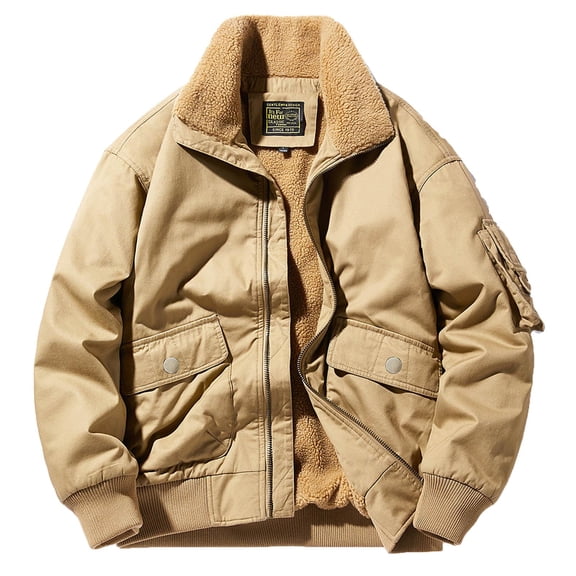 HOOMEUMY Mens Fleece Lined Bomber Jacket Thicken Design Casual Workout Drop Shoulder Clothes Fashion 2025 Trendy Classic Solid Coat Turndown Collar Jacket Yellow M