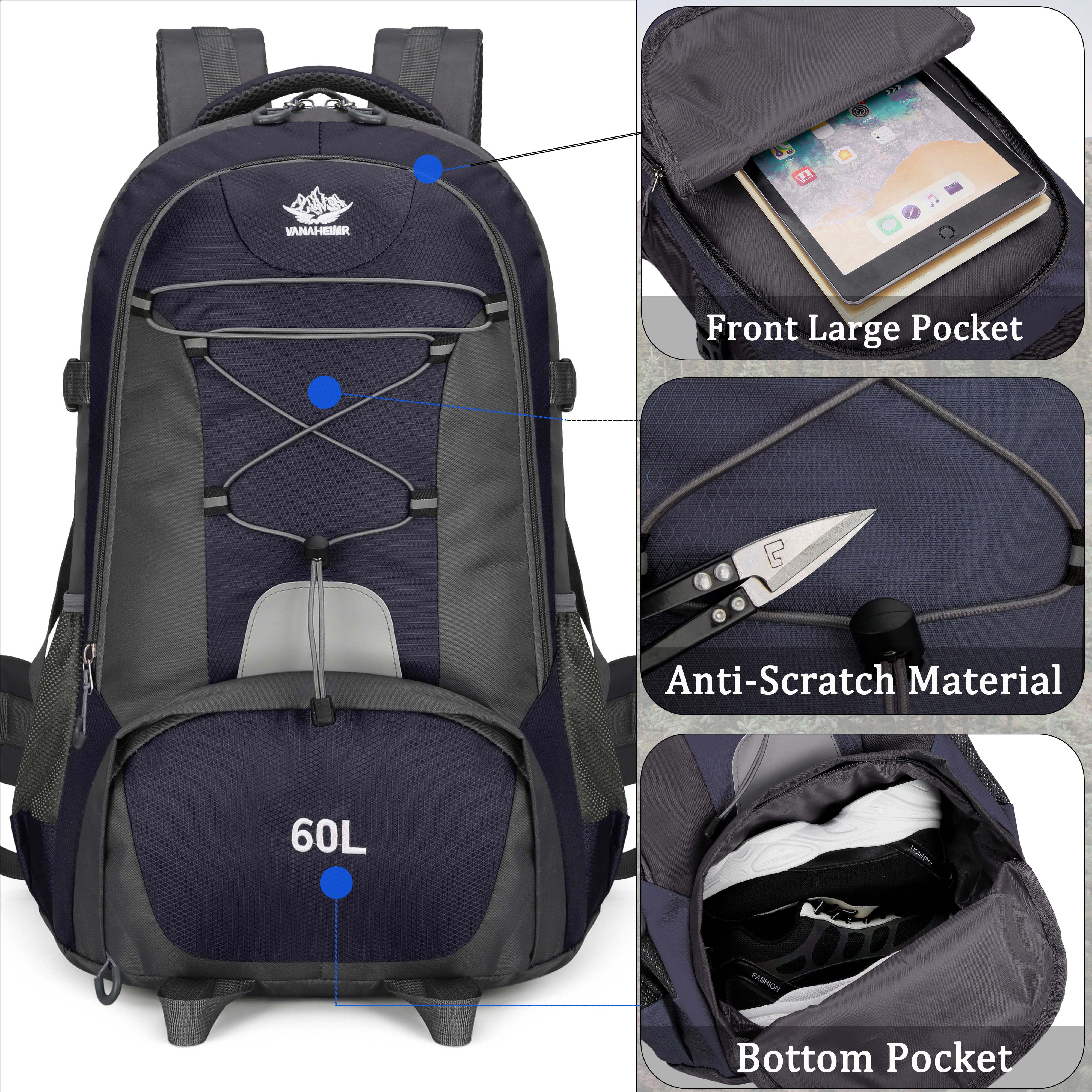 60L Lightweight Hiking Camping Backpack,Hunting Climbing Backpack for Outdoor,Backpack Water Resistant,Tactical Backpack for Men Women
