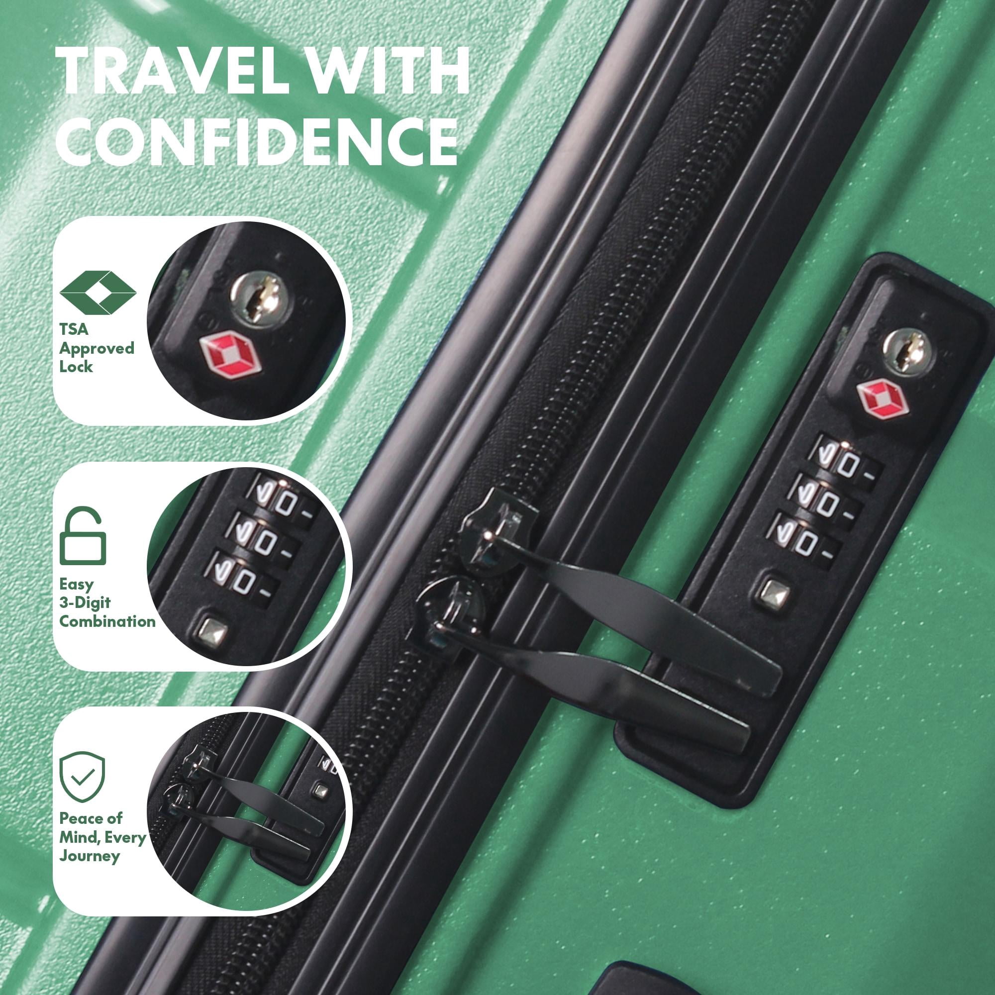 3-Piece PP Hardshell Luggage Set, Lightweight Scratch-Resistant Suitcases with Silent Spinner Wheels & TSA Lock, Jade Green