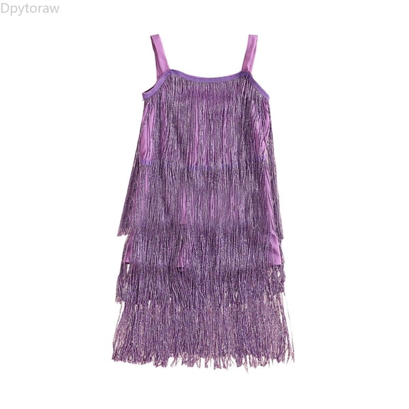Dpytoraw Girls Flapper Dress Sequins Fringe Latin Dance Dress Tassel Tango Dress Girls Sleeveless Dresses,Purple Size 18-24 Months
