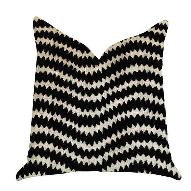 Jagged Fringe Luxury Throw Pillow in Black and Beige 18in