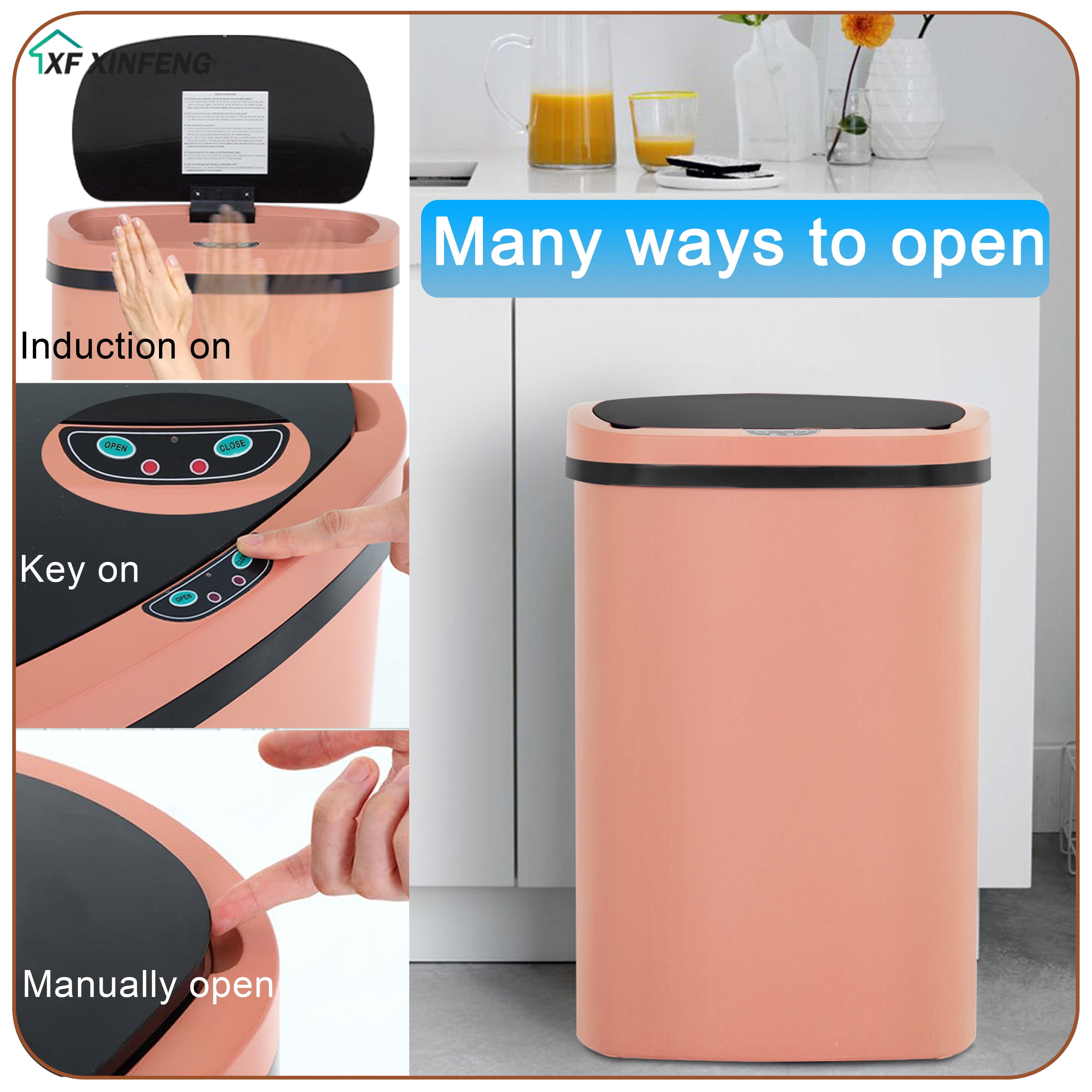 XF XINFENG 13 Gallon 49 L Dustbin Kitchen Trash Can with Lid Automatic Sensor Touch Bin, Garbage Can, Waste Bin, For Bathroom/Double Bed/Bedroom/Home/Office, Pink