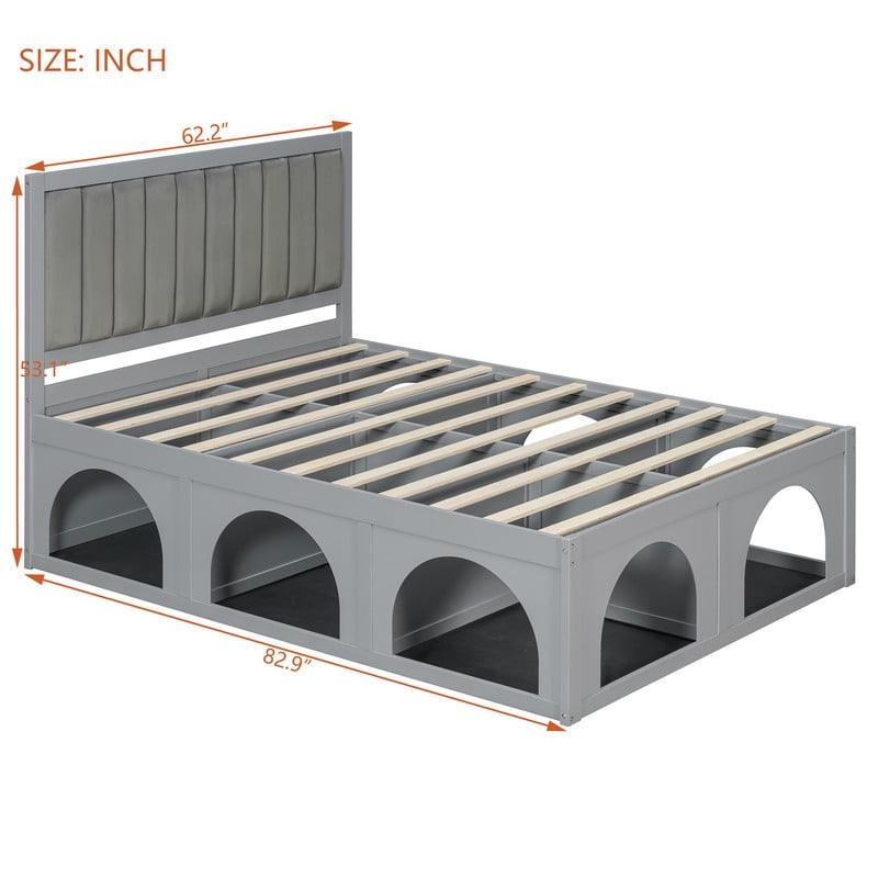 Queen Size Pet-Friendly Platform Bed with Under-Bed Pet Nooks, Heavy Duty Wooden Storage Bed Frame with Padded Headboard