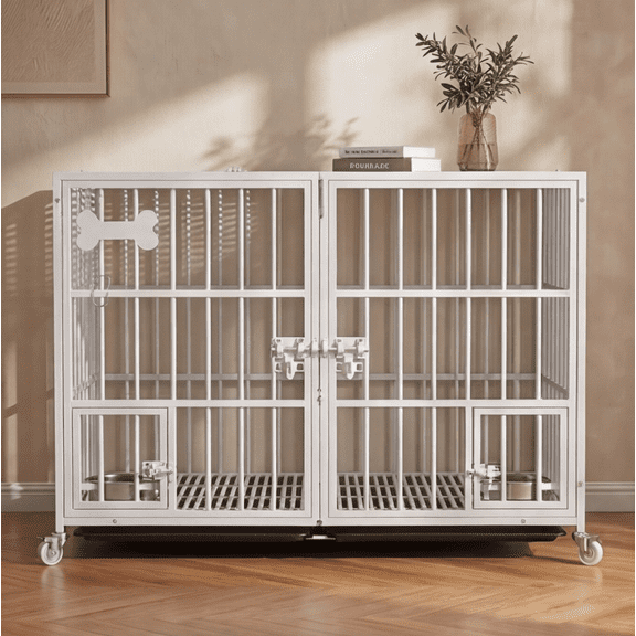 Heavy Duty 42 Inch Metal Dog Crate Cage, Open Top Escape Proof Kennel with Divider, Indoor Dog Cage on Wheels for Large Dog Two Dogs, Includes 2 Trays and Feeding Bowl