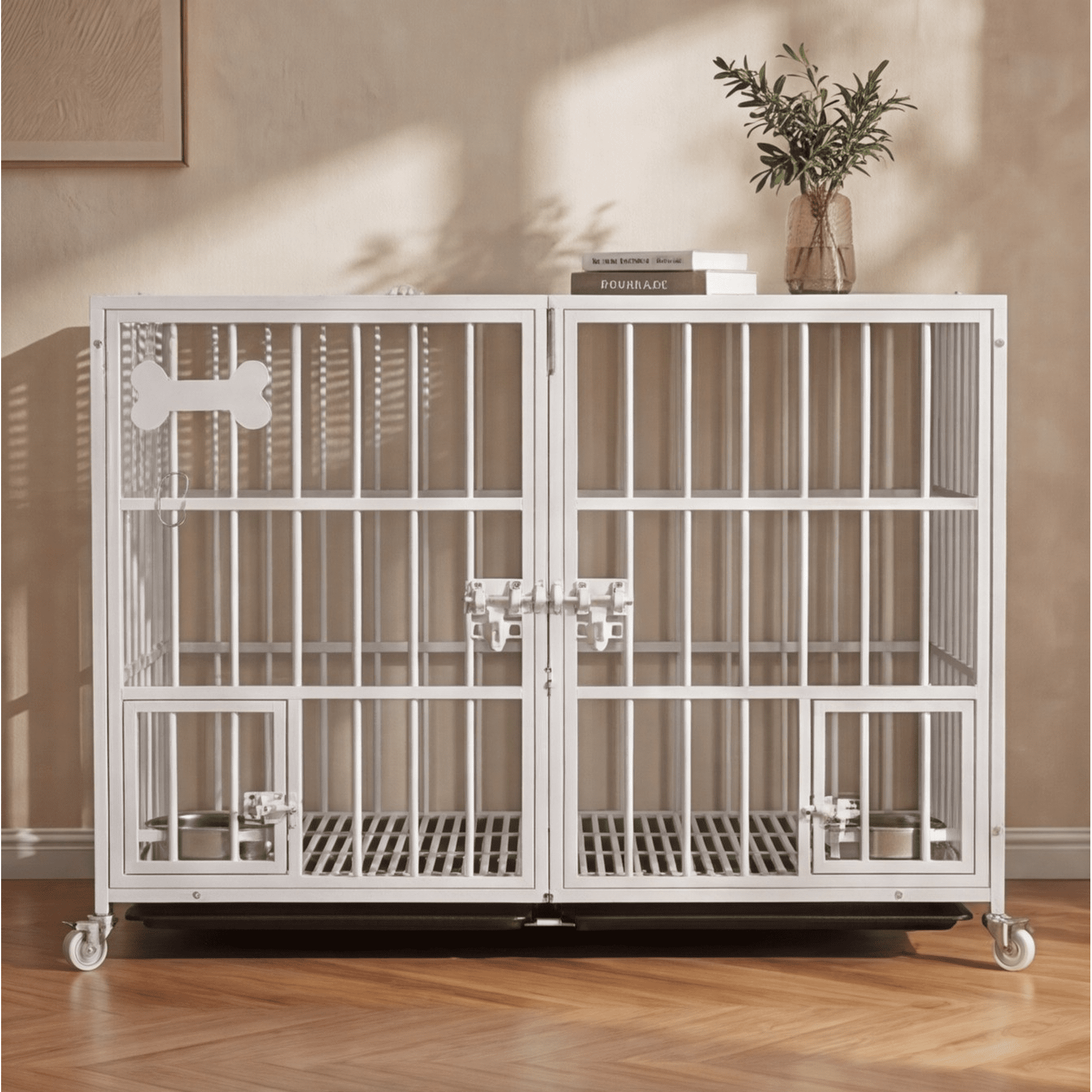 Heavy Duty 42 Inch Metal Dog Crate Cage, Open Top Escape Proof Kennel with Divider, Indoor Dog Cage on Wheels for Large Dog Two Dogs, Includes 2 Trays and Feeding Bowl