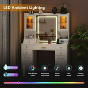 White Makeup Vanity Desk with Mirror and Lights, Large Vanity Table Set with Charging Station, Dressing Table with RGB Cabinets, Makeup Vanity Mirror with Lights Desk and Drawers, 3 LED Lights Modes