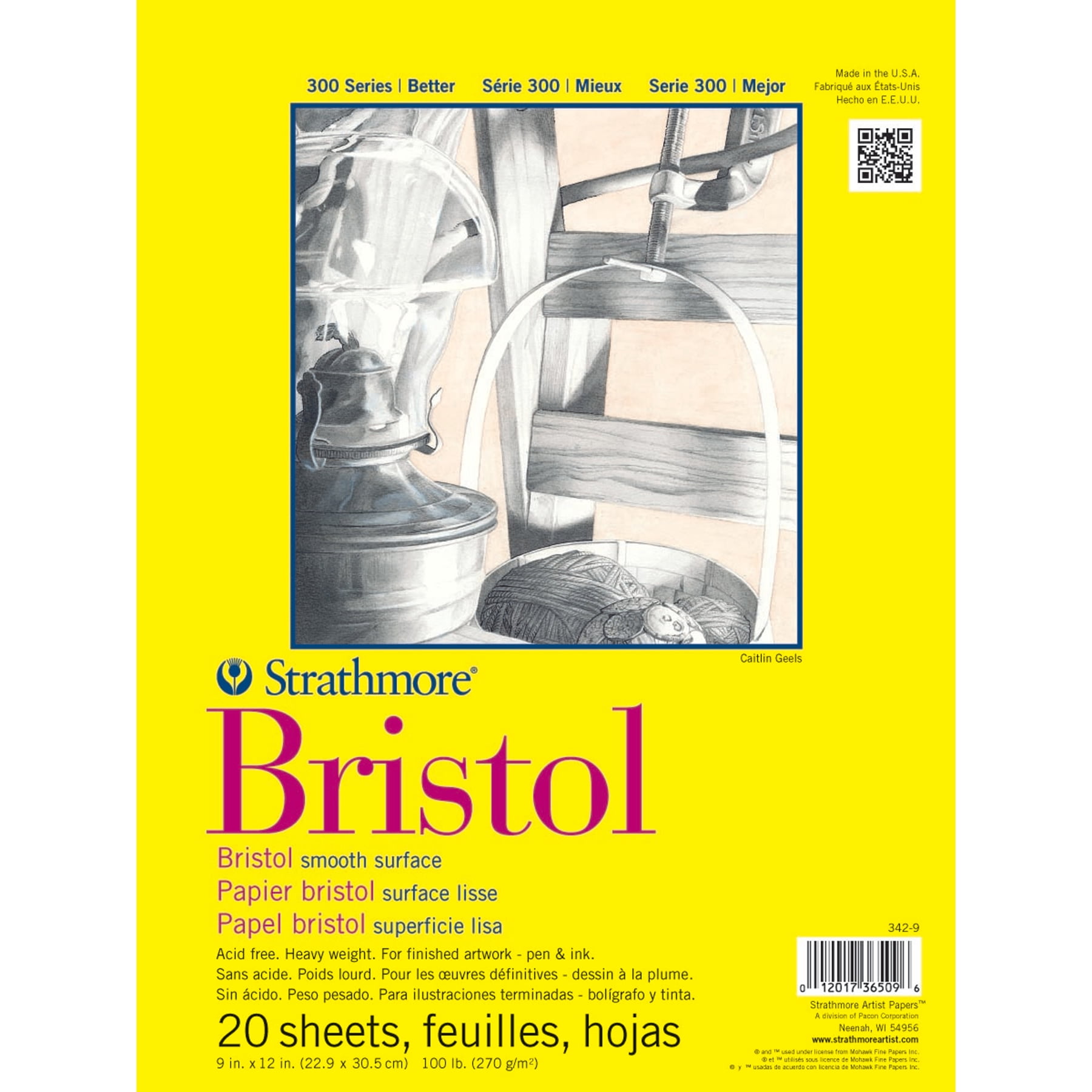 Strathmore 300 Series Bristol Pad, Smooth Finish, Tape Binding, 20 Sheet, 9x12 inch, Pack of 3