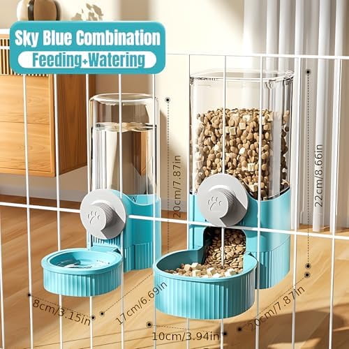 Automatic Hanging Gravity Pet Feeder and Water Dispenser Set ，Automatic Rabbit Feeder and Dog Water Dispenser for Dogs Cats Pets Animals Large Capacity (Blue Water Feeder&Food Feeder) (Blue)