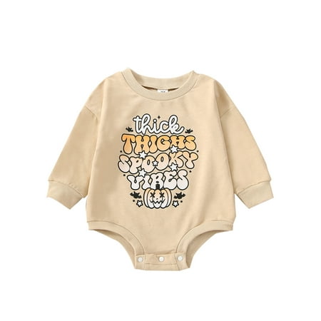 

Franhais Baby Girls Boys Halloween Casual Romper Beige Long Sleeve Letter Pumpkin Print Romper
