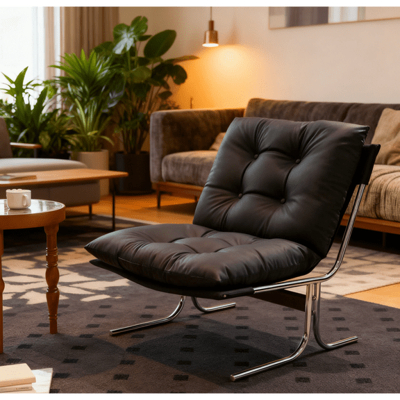 Leumius Modern Accent Chair Leather Armchair with High Back,Metal Legs,Soft Padded for Living Room/Office,Black