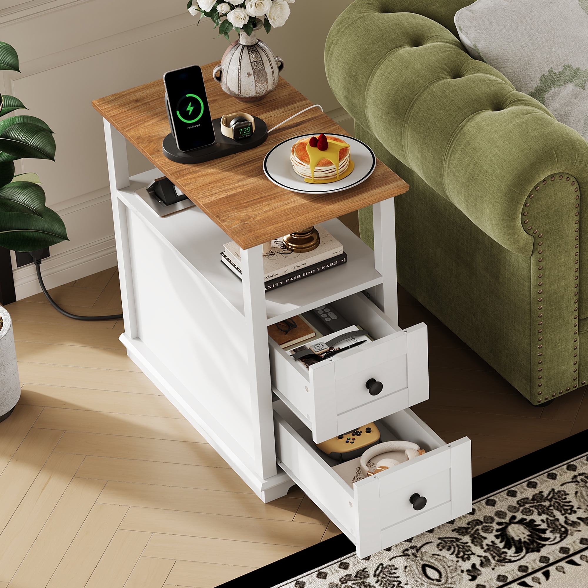 GALAXHERO Narrow Side Table with Charging Station Wooden End Table with 2 Drawers for Living Room, Bedroom, Small Space White