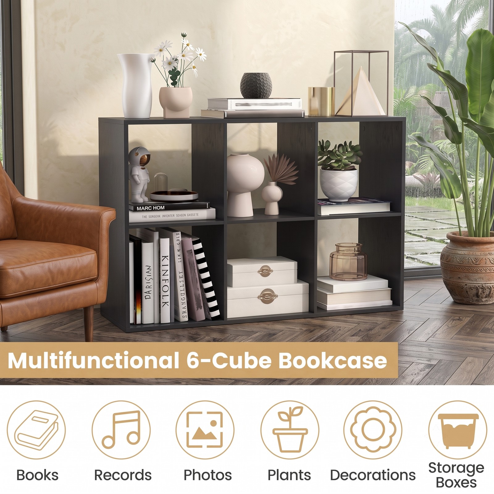 Furnibear 6 Cube Bookshelf, Black Wood Cube Storage Organizer with Back Guardrail and Anti-Tip Kit, Freestanding Display Bookcase for Living Room Bedroom Home, Black