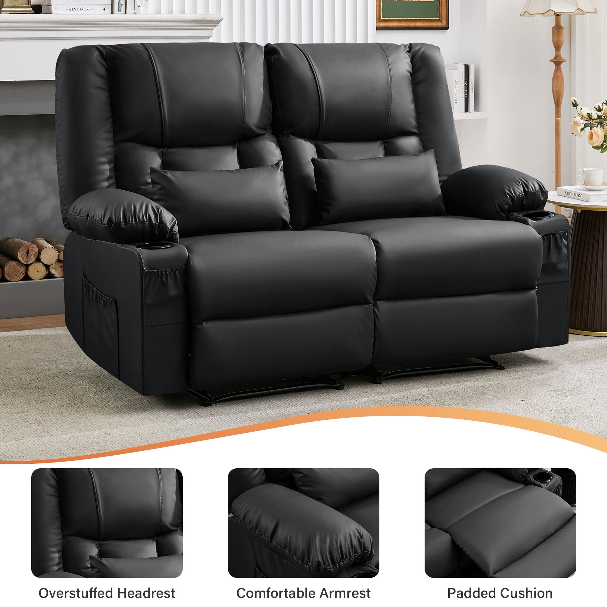 Alvantor Loveseat Recliner Sofa for Adults with Massage & Heating, Modern Leather Manual Recliner Chair with Cup Holders for Home Theater Black