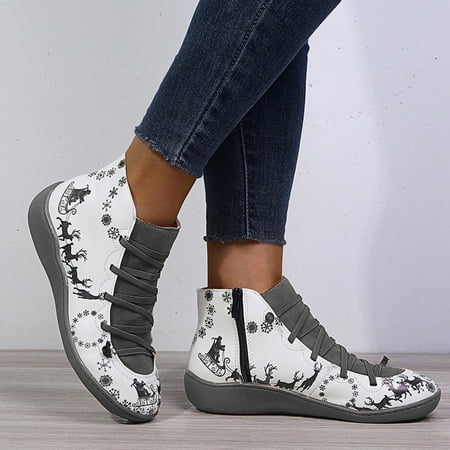 

jsaierl Women s Casual Flat Lace-up Boots Side Zipper Round Toe Shoes Boots