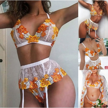 

VONCOS Women s Lace Sexy Erotic Underwear 3PC LadiesSexy Embroidered Lace Underwear Bra WIth Thong Garter Lingerie Set