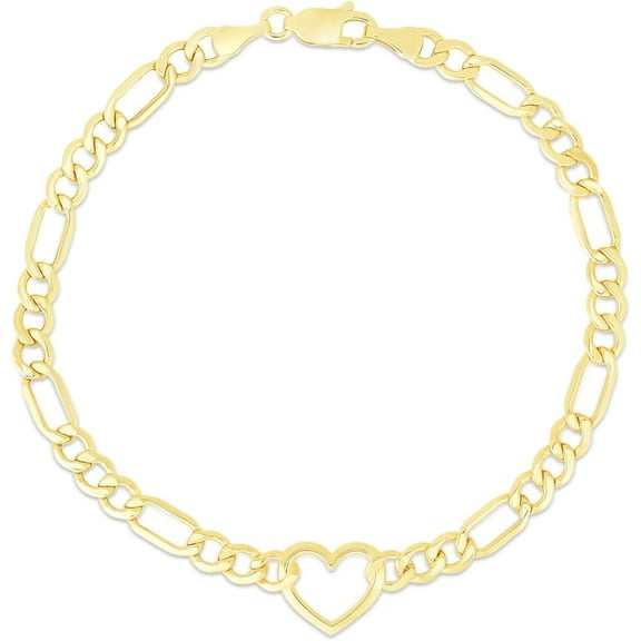 Floreo 10k Yellow Gold 4.5mm Lite Figaro and Heart Charm Link Bracelet 7 Inch