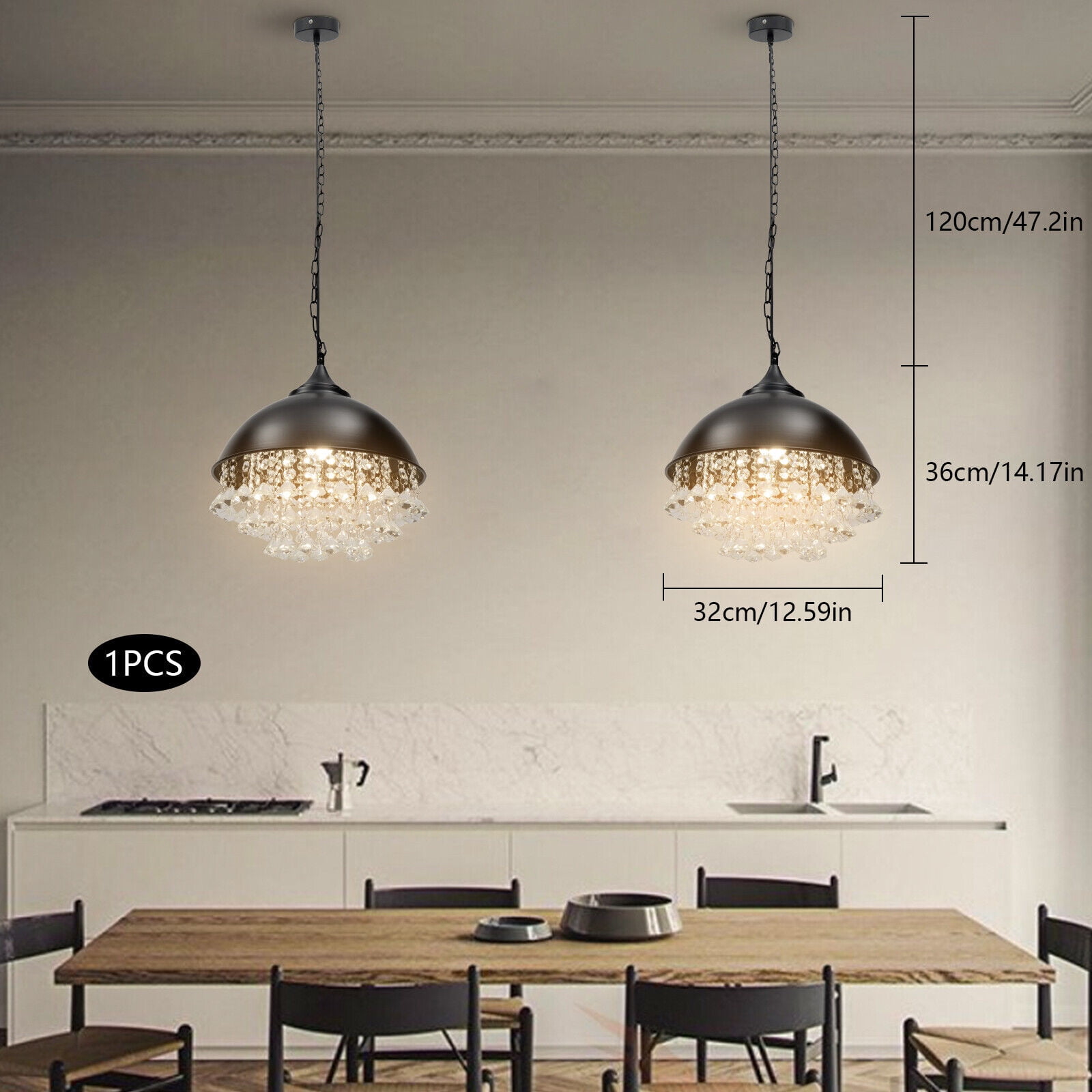 Dining Room Ceiling Light Fixture, Crystal Pendant Light, Industrial Crystal