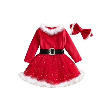 

YiLvUst Toddler Baby Girl Christmas Santa Claus Dress Outfit Velvet Long Sleeve Princess Party Tutu Dresses with Headband