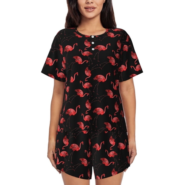 Fotbe Flamingo Conjunto de Pijama Estampado para Mujer, 2 Piezas, Ropa de Dormir con Camiseta de Manga Corta y Shorts Suaves-Medium